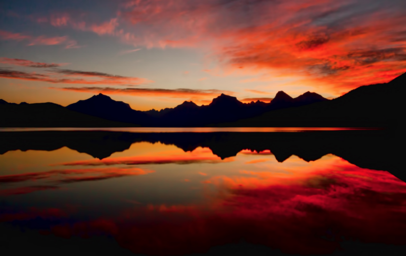 An evening sunset landscape image of Flathead Lake and Wild Horse Island