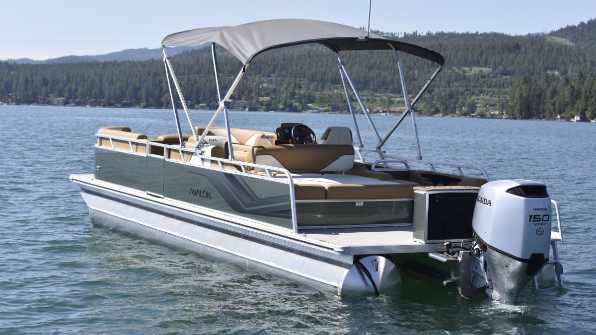 Pontoon boat with canopy on a lake surrounded by trees.