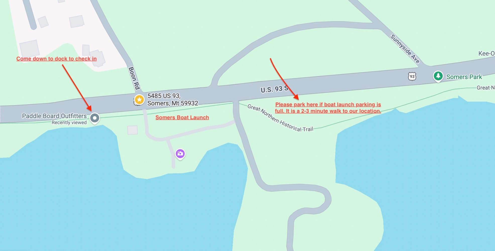 Map showing directions to parking and check-in at Somers Boat Launch.
